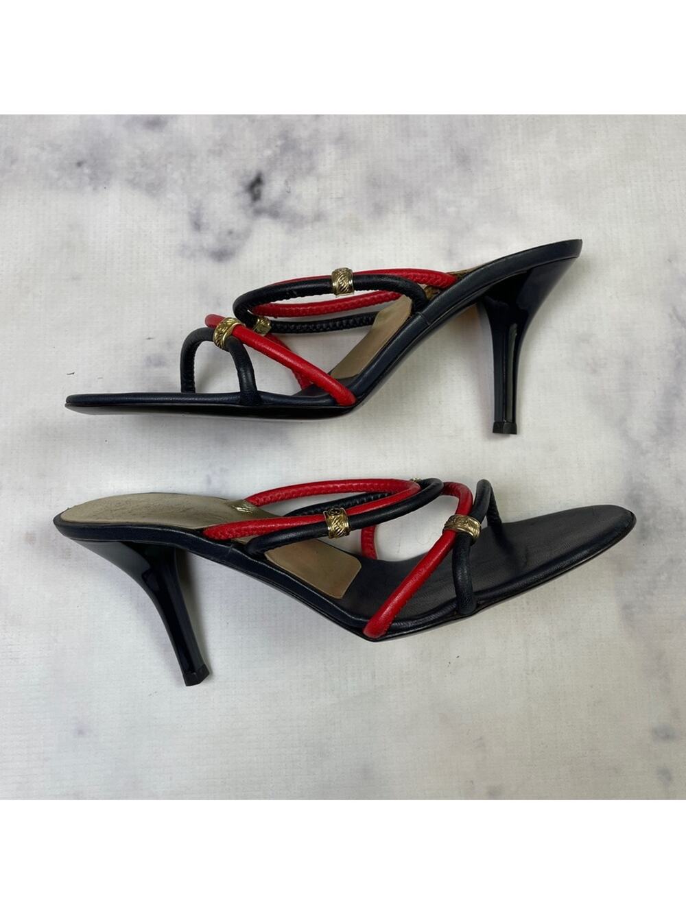 St. John Navy Red Strappy Leather Sandals Heeled Slide Gold Logo Accents Sz 6.5